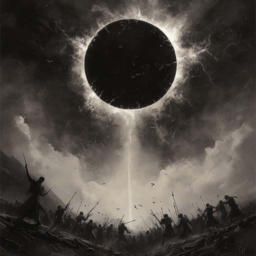 An orchestration of heavy riffs and melodic solos depicting celestial wars where iron thrones clash under eclipsed skies, culminating in a triumphant resolution. The music weaves through aggressive tempos and grand harmonies, encapsulating the grandeur and ferocity of cosmic battles.