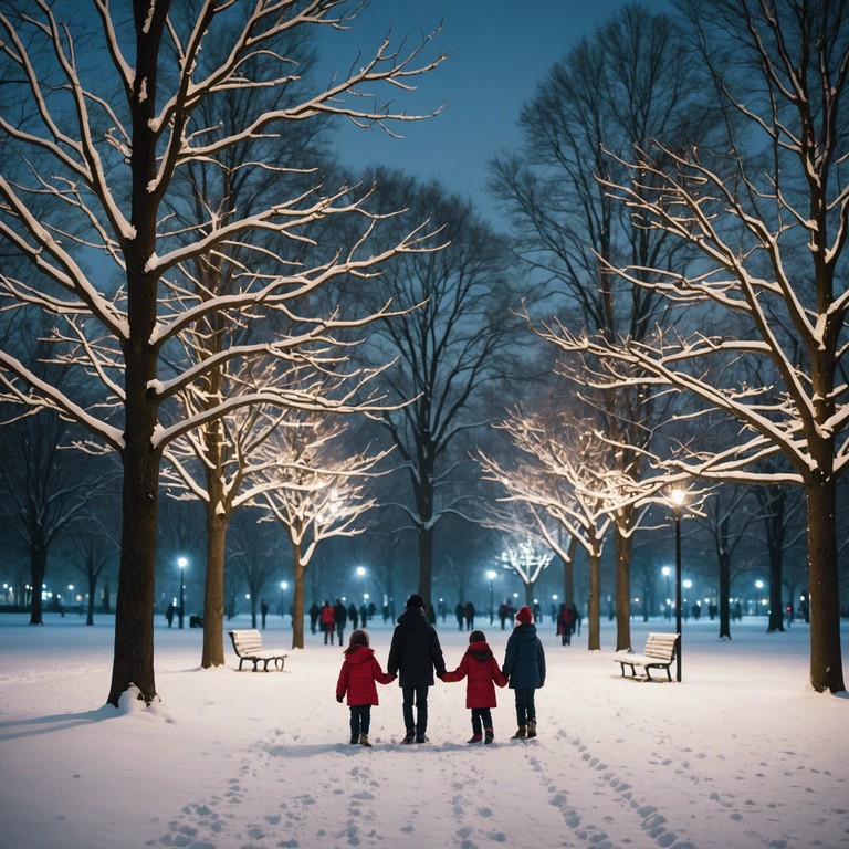 Imagine a serene, snowy evening where the soft glow of lanterns lights up the fresh, white snowfall. The air is crisp and filled with the scent of pine trees, amidst which holiday bells chime in a rhythm that blends perfectly with the silent, enchanted landscape. The peaceful melody evokes the warmth of holiday spirit filling the hearts of those who listen.