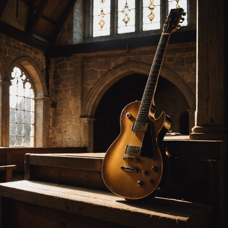 Imagine a scene where the soft murmur of a congregation grows into a powerful chorus, with the raw twang of an electric guitar cutting through the air like a call to the heavens, instilling a sense of awe and spiritual awakening amidst a backdrop of dusty roads and aged wood.