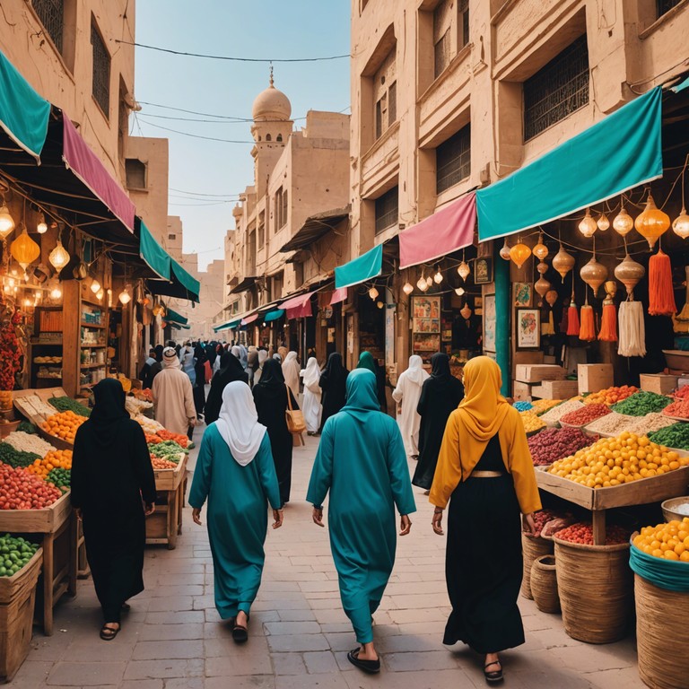 This track encapsulates the vibrant spirit of a middle eastern street festival, featuring lively rhythms and exotic melodic structures that transport listeners directly to a bustling marketplace under the bright desert sun.