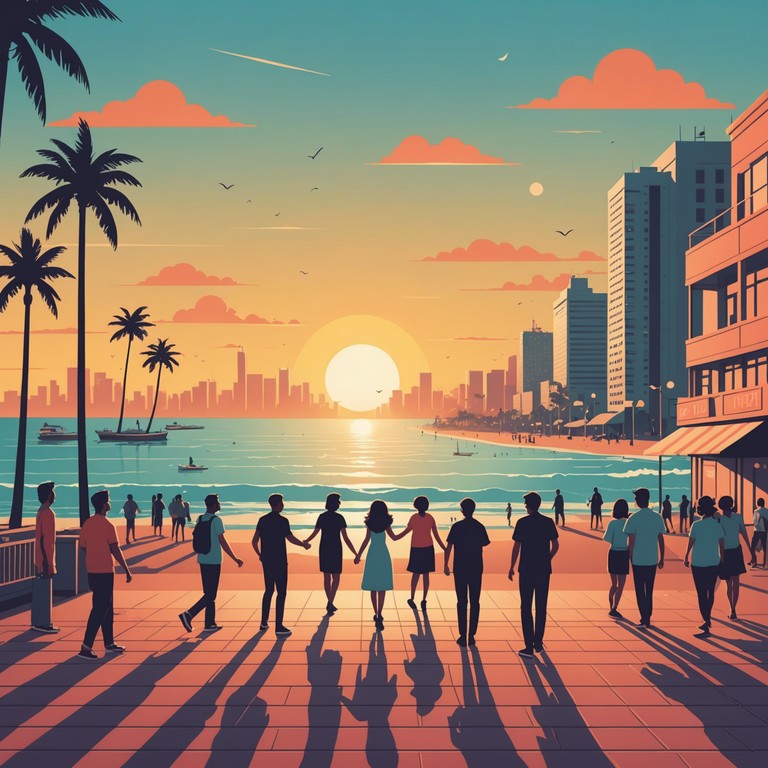 A vibrant clash of urban electronic beats and traditional calypso rhythms, creating an exhilarating soundtrack that captures the spirit of a bustling city beach scene. The music combines synthetic urban sounds with natural calypso elements, evoking a lively, sunlit coastal environment where cultures mingle and celebrations abound.