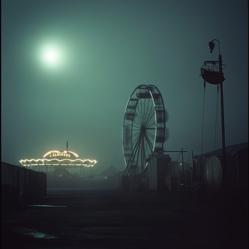 Melancholic calliope melodies weave through the silence of an empty fairground, conjuring images of spectral figures and forgotten joys amid a chilling atmosphere.