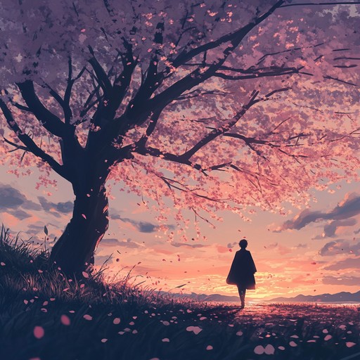 A soothing instrumental music track that conjures the tranquil beauty of walking under sakura trees at sunset in an anime scene. This piece combines tender piano melodies with ambient textures, capturing a peaceful and touching atmosphere that brings to mind memories of quiet, heartfelt moments.