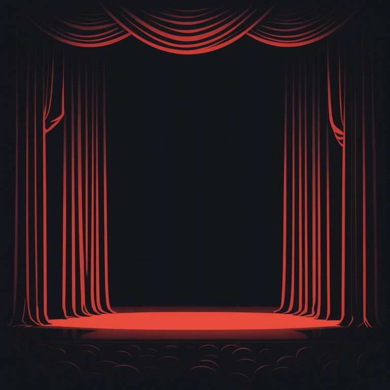 This instrumental track evokes a shadowy, theatrical atmosphere, with cryptic melodies weaving through a dense soundscape of suspense and surprise, embodying the essence of a dark cabaret setting. The composition leverages dissonant chords and staggered rhythms to create a feeling of unease and fascination.