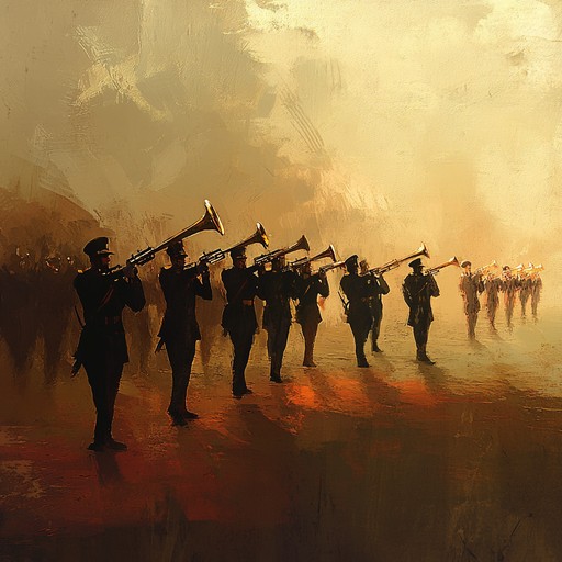 An inspiring and sophisticated military march emphasizing a heroic brass section, perfect for evoking the bravery and discipline of soldiers on a ceremonial parade