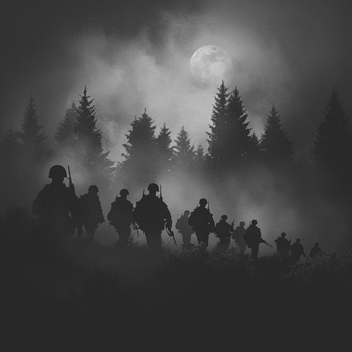 A brooding instrumental track capturing the enigmatic ambiance of a silent military march under the cloak of night. The piece weaves haunting melodies with disciplined rhythms, conjuring images of soldiers moving with precision through shadowy terrain. The composition balances tension and intrigue, evoking a sense of eerie anticipation and mysterious command.