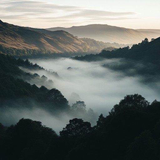 An ambient soundscape blending ethereal pads, gentle melodies, and mysterious undertones to encapsulate the bittersweet essence of a quiet valley shrouded in fog, offering moments of introspection and fleeting hope.