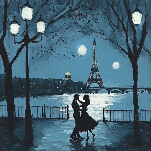 An evocative piece that captures the essence of a romantic evening in paris. Gentle melodies intertwine with the soft hum of a bustling city in the background, evoking feelings of love and intimacy beneath the light of a full moon.