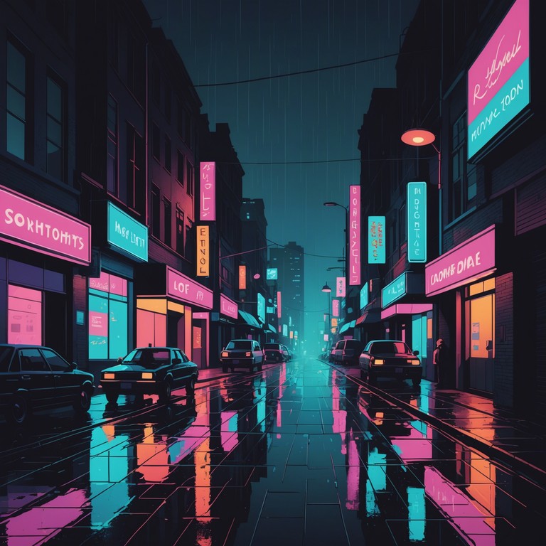 A track that transports the listener to a rain drenched city at night, illuminated by neon lights, where each drop resonates with a soft, synthetic pulse. Ethereal melodies meet textured synths to create a sense of wandering through a futuristic urban landscape enveloped in mystery and charm.