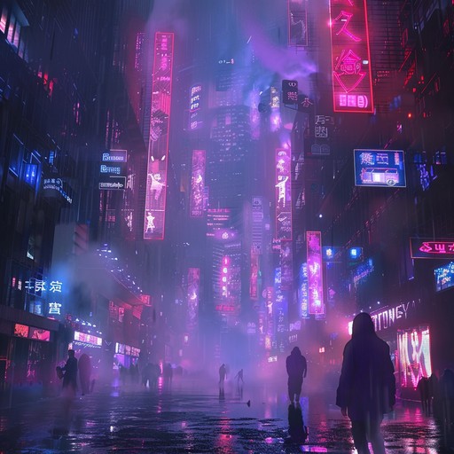 An instrumental piece capturing the mystique of a neon lit urban night, blending electronic synths and traditional japanese elements to evoke the essence of an enigmatic anime scene. Dreamy synth lines and subtle koto plucks create an atmosphere of wonder and intrigue, perfect for night time explorations in an animated world.