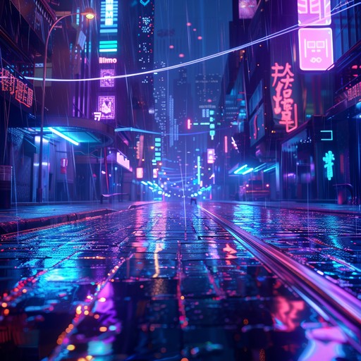 A pulsating track that thrusts listeners into a vibrant metropolis, where neon lights reflect off wet asphalt and towering buildings. The piece is driven by powerful synthetic beats, layered with distorted, glitchy textures, and melodic undertones that evoke the intensity of cyberpunk dystopia. Cascading synths build the tension, creating a gripping auditory experience.