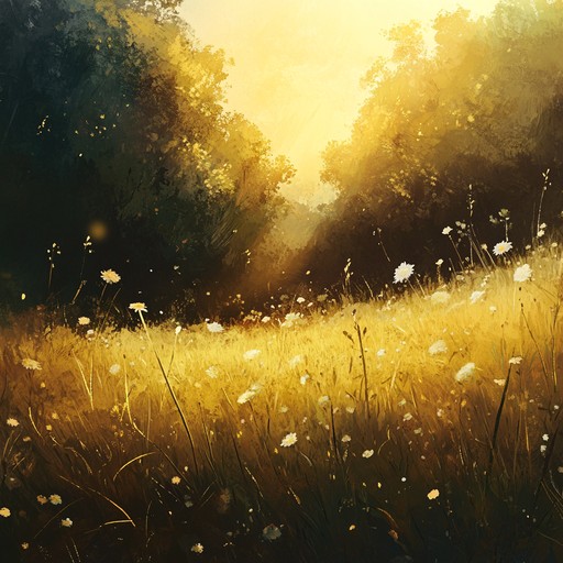 An immersive journey of hopeful dreams navigating through lush, ambient soundscapes where synth melodies drift gently like a summer breeze, evoking a sense of calm and optimism. Each note reflects rays of sunlight, coating the meadow in a golden light, inspiring a hopeful and serene experience.