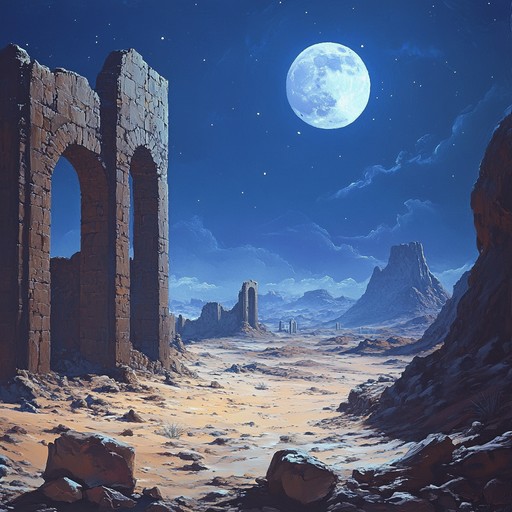 Immerse yourself in a nocturnal journey through the heart of an expansive desert. The piece evokes an ancient, mystical ambiance with each note, reminiscent of lost cities and forgotten tales. The symphony, grounded by orchestral strings, unfolds with a sense of grandeur and discovery, mingled with exotic scales and rhythms that transport the listener to this enigmatic landscape.