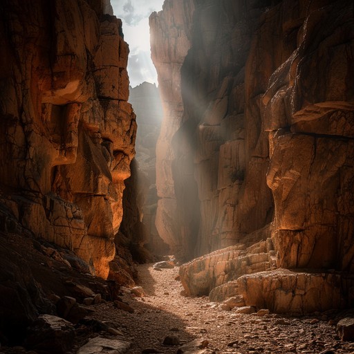 Imagine walking through a long forgotten canyon, where every footstep echoes with the weight of history, each stomp connecting you more deeply to the echoes of the past, surrounded by a minimalist soundscape that enhances the feeling of being at one with nature.