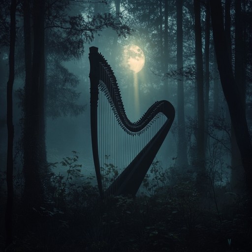 The gentle strumming of a harp accompanied by the ambient sounds of a forest at twilight; an evocative musical piece that imbues a sense of calm and transports the listener to a tranquil, lush green habitat where time seems to stand still.