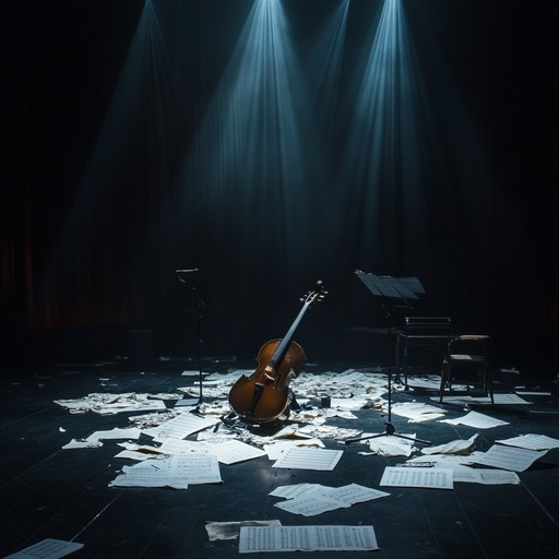 An instrumental broadway piece highlighting a melancholic cello solo that embodies the emptiness and longing felt within a deserted theatre post performance, with gentle orchestration enhancing the mood of solitude.