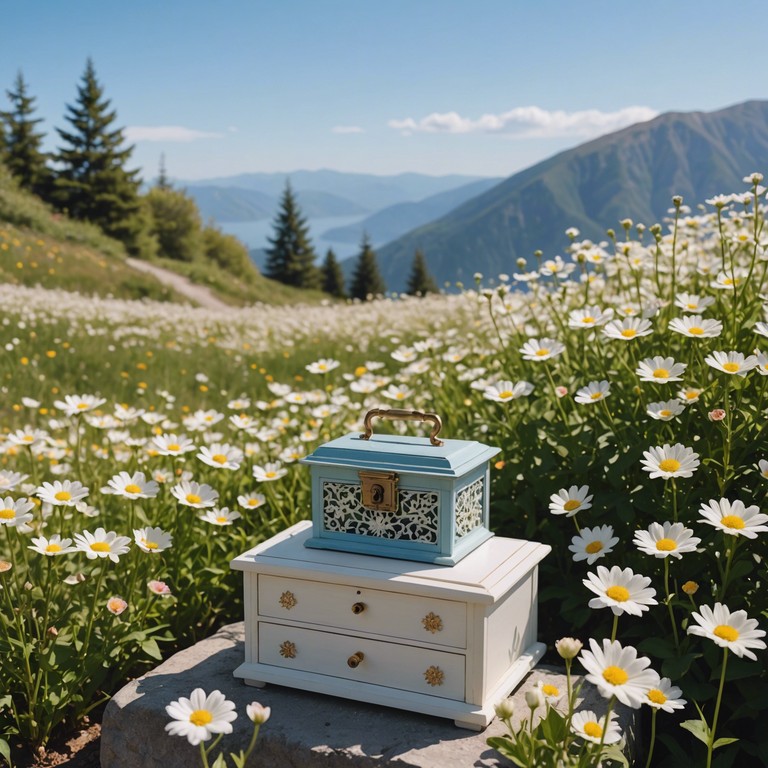 Imagine a delicate parade of music box tunes gently unfolding over soothing, almost whisper like ambient textures, like a carefree stroll through a fantastical garden on a sunny afternoon.