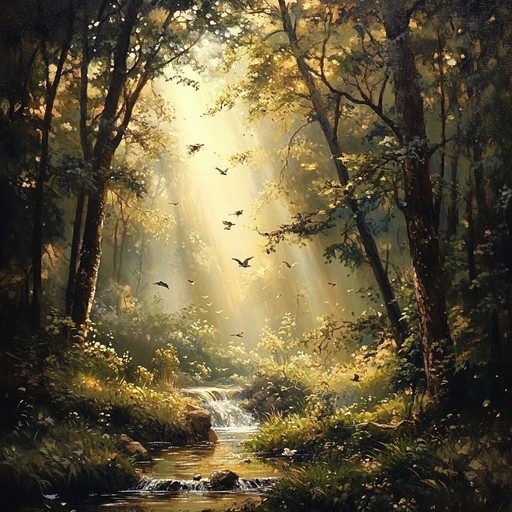 A captivating ambient piece that mixes ethereal synth pads with the sounds of birds chirping and a gentle brook, creating an enlightening and balanced atmosphere reminiscent of a peaceful forest glade bathed in sunlight. The track seamlessly blends natural soundscapes with uplifting melodies, inviting listeners into a serene and refreshing auditory journey.