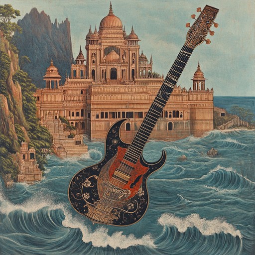 An instrumental track that fuses traditional indian sitar sounds with energetic surf rock guitar riffs, crafting a vibrant soundscape for a thrilling cross cultural journey.