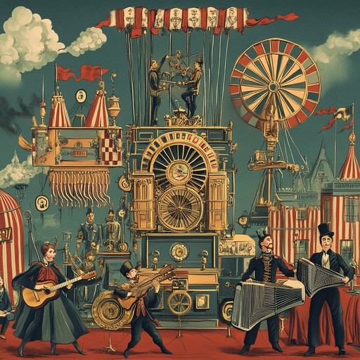 An exhilarating instrumental combining clockwork mechanical sounds with vibrant gypsy jazz melodies, creating the atmosphere of a wild chase through a whimsical carnival