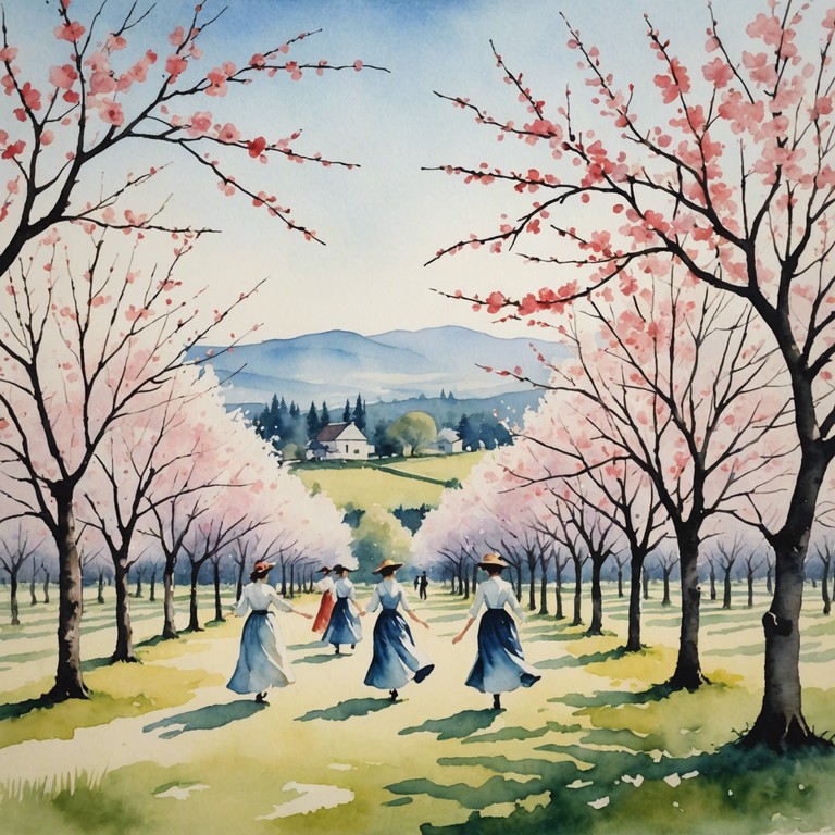 Imagine a bright, sunny day in a vast orchard where cherry blossoms gently fall around playful dancers. The music captures the essence of a refreshing, youthful spring, incorporating light and airy melodies that gracefully move like the breeze. This whimsical waltz uses the piano to convey a story of joy and springtime frolic, perfect for eliciting feelings of happiness and nostalgia.