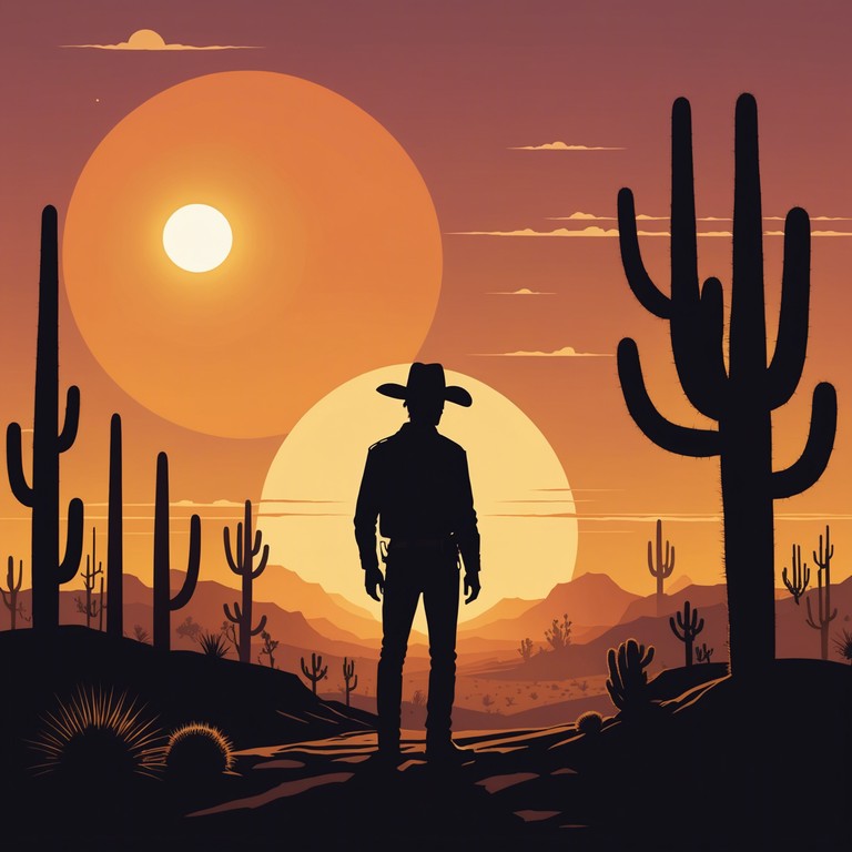 A musical narrative depicting a lone cowboy's journey through the expansive, sun kissed desert. His story is filled with moments of solitude and introspection, accented by the detailed acoustic sounds of a steel guitar, reflecting his innermost feelings.