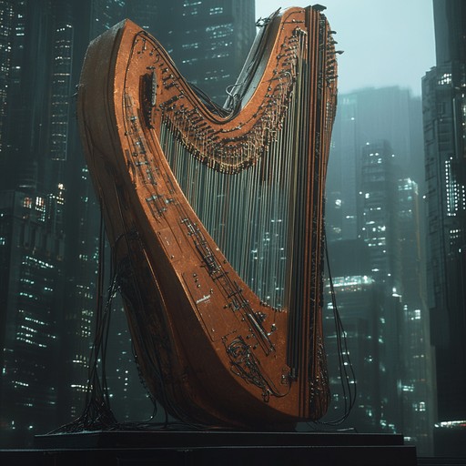 A somber instrumental piece intertwining dark folk tunes with futuristic ambient soundscapes, painting a picture of a world where the echoes of the past reverberate amidst remnants of advanced civilizations