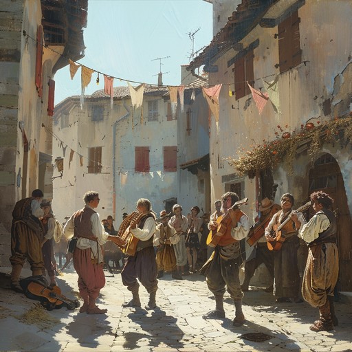 Imagine a scene where skilled musicians gather at dawn in a bustling medieval marketplace, their melodies ushering in the day with brightness and optimism, performed with historical stringed instruments like lutes and harps.