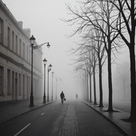 walking late through foggy 1950s cityscape