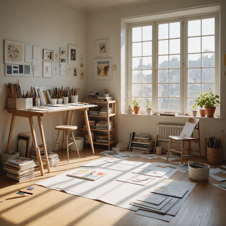 A sunny day transforms an ordinary room into an artist's informal studio where every note from the music box adds a stroke of cheer and effortless artistry to a casual canvas of sound.