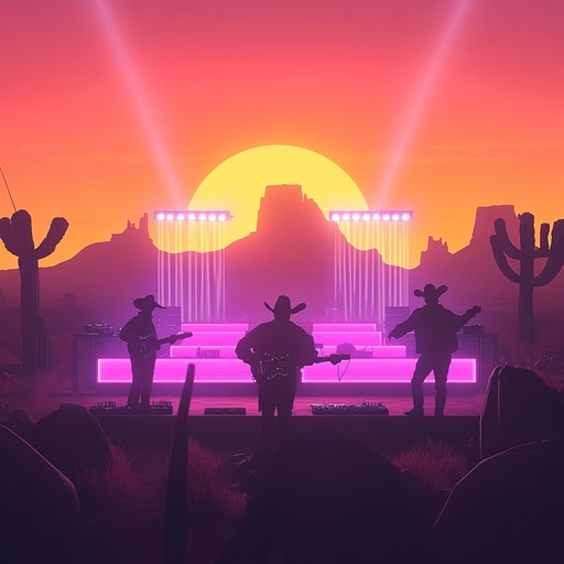 A lively fusion of traditional western guitar riffs and pulsating electronic rhythms, crafting an irresistible atmosphere of a cowboy dance party set in the heart of a desert.