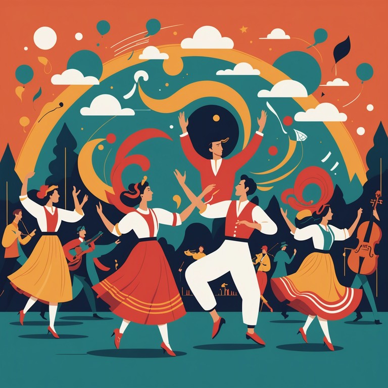 This track mirrors the spirit of an age old village fair, where colorful decorations flutter and people of all ages dance in circles wearing traditional outfits. The music swirls around like a carousel, infectious and inviting everyone to join in the revelry.