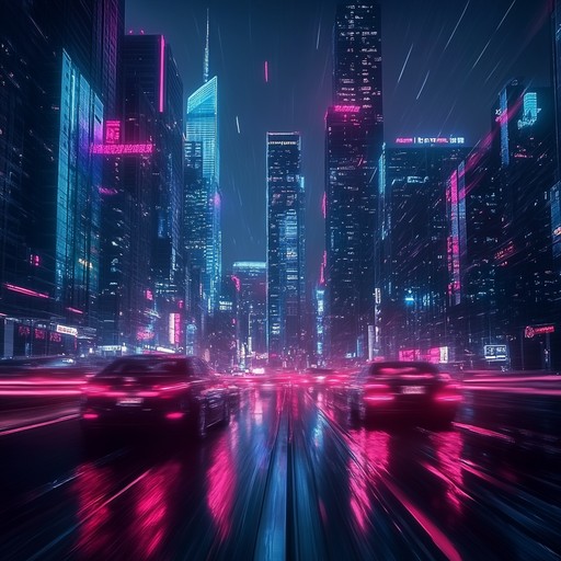 A fast paced, high energy instrumental track featuring pulsating synths, rhythmic electronic beats, and echoing guitar riffs, capturing the thrill and excitement of a neon lit cityscape at night, perfect for car chases or action scenes in movies.