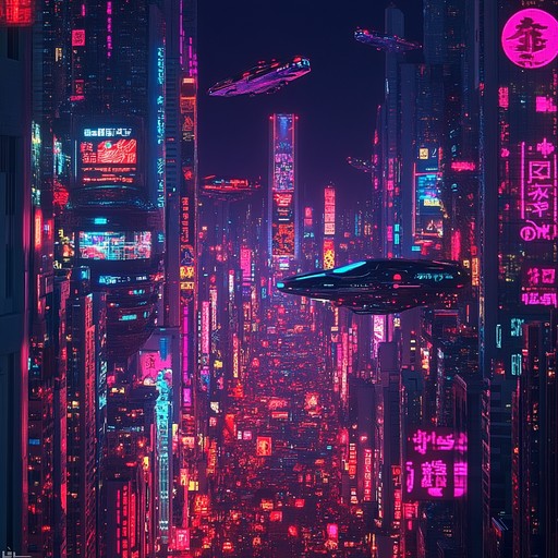 An instrumental track that captures the essence of a bustling cyberpunk metropolis, blending driving electronic beats with soaring synth melodies to evoke a sense of epic futurism and technological wonder.