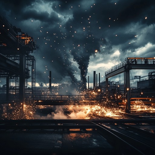 Experience the volatile pulse of an industrial city with clashing metal and rhythmic engines creating an apocalyptic soundscape.