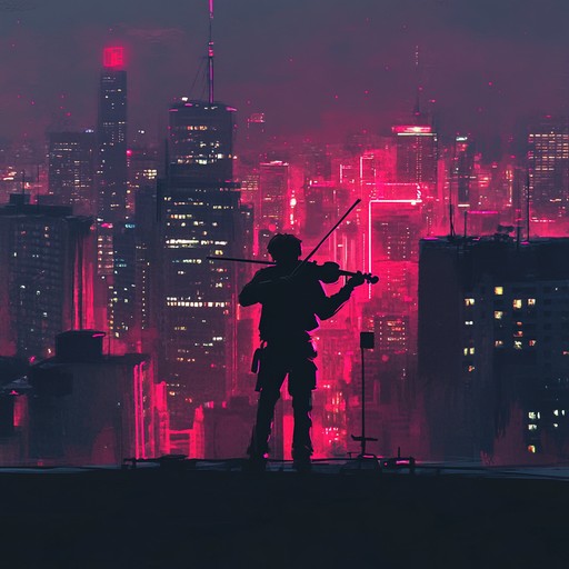 Delicate violin melodies meander through bustling streets illuminated by neon lights, capturing the soul of the city at dusk. The strings sing of loneliness amidst the crowd, evoking a sense of longing and deep reflection.