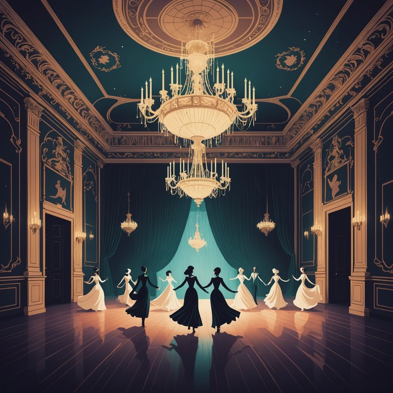 A setting of a grand yet ghostly ballroom where magical entities gather under moonlight, with a cascading harpsichord complimenting their whispered secrets and silent dances. The music swirls with an air of both charm and chilling allure