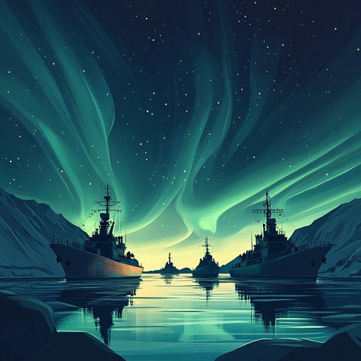 Experience a serene instrumental piece that captures the essence of the russian navy sailing through calm arctic waters under the shimmering northern lights.