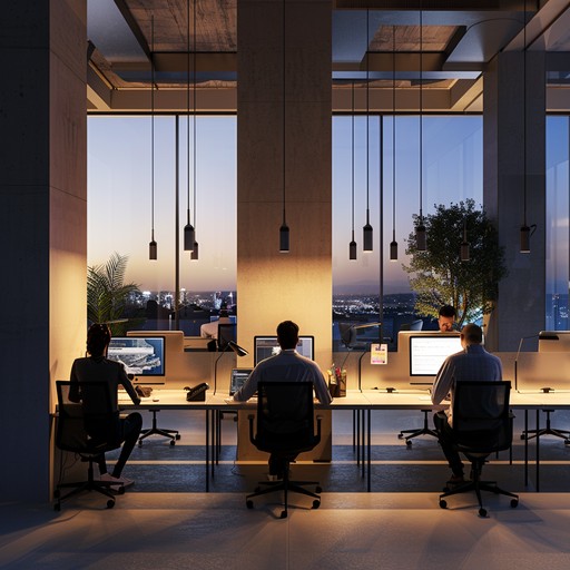 Picture an early morning in an open office with soft light filtering in, igniting a sense of calm productivity. The music gently supports the start of a productive day, blending softly with the sounds of light typing and occasional murmured conversations.