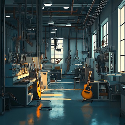 An industrial rock track combining harsh mechanical sounds with uplifting guitar riffs and a driving beat, instilling a sense of optimism and resilience. Perfect for motivational scenes.