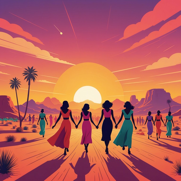 This instrumental track combines the vibrant energy of middle eastern music with a modern danceable twist, featuring an uplifting mix of traditional melodic elements and contemporary beats to bring cheer and energy. The song encapsulates the joyful essence of a festive gathering in the desert at sunset, with flowing rhythms that invite dancing and celebration.