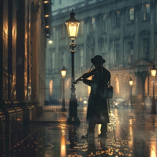 A somber and reflective classical violin piece that captures the essence of solitude as night deepens, evoking emotions of sadness and longing in a quiet, rainy setting