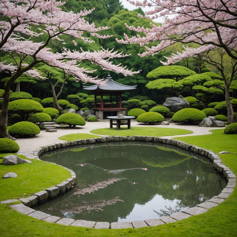 This track features a delicate arrangement that mimics the serene beauty of cherry blossoms falling softly on a quiet pond. The composition encourages a peaceful connection with nature, evoking images of a tranquil japanese garden in spring. The sounds are designed to be soothing, with a light and airy feel that transports the listener to a state of calm reflection.