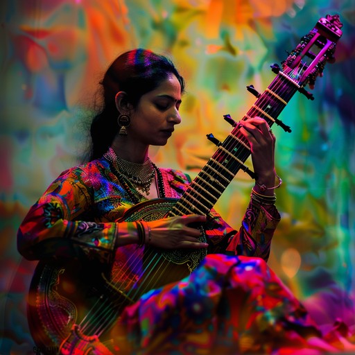 Immerse yourself in the vibrant rhythms and dynamic flow of a hindustani sitar performance, characterized by its energetic ambiance and intricate melodic progressions, capturing the lively spirit of traditional indian classical music.