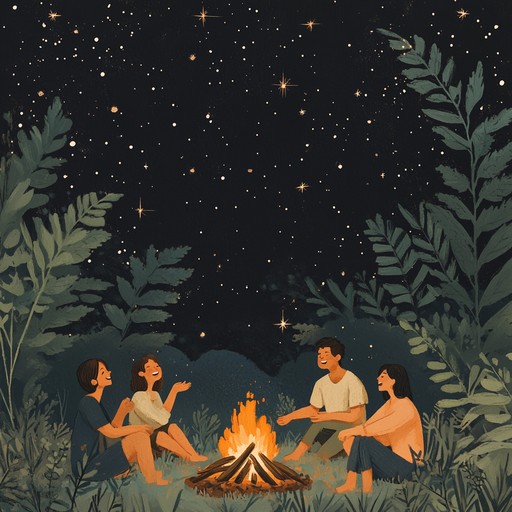 An acoustic guitar, under a starlit sky, enhances intimate conversations and shared stories, bringing warmth and unity to a group of friends gathered around a campfire. The music is designed to subtly uplift the spirit while encouraging communal experiences and deep personal connections.