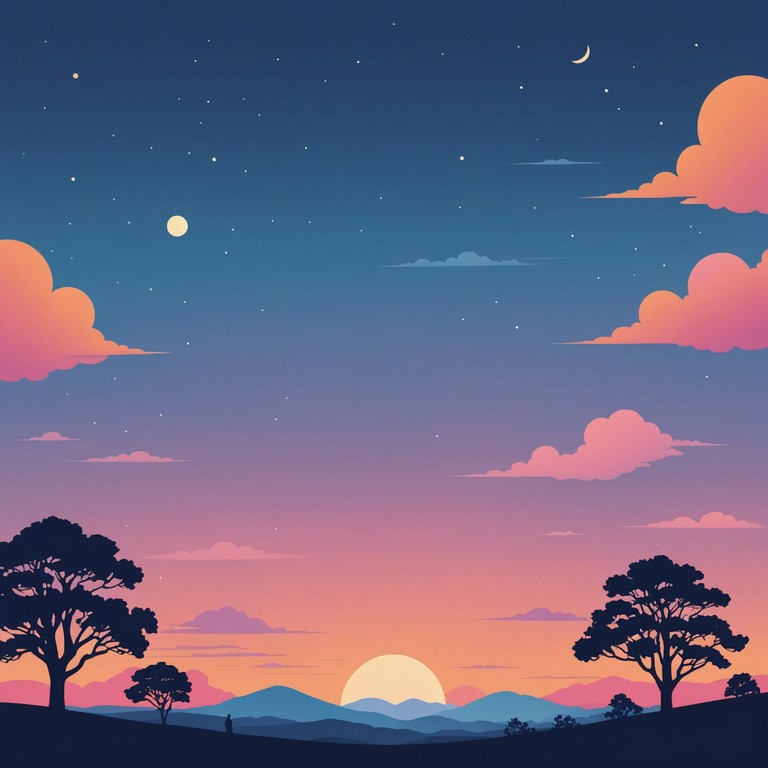 Alternating between reflective calmness and subtle vibrancy, this music piece creates an auditory journey akin to watching evening skies change colors. Using synth pads and a fluid bass, it offers a perfect backdrop for personal reflection or a peaceful night in.