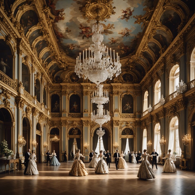 This instrumental track captures the opulence and grandiose atmosphere of a baroque era royal court with ceremonious flavors. The music sweeps through with lively harpsichord passages that mimic the dance and intricate social rituals of the high nobility, bustling with melodramatic flourishes and stately charm.