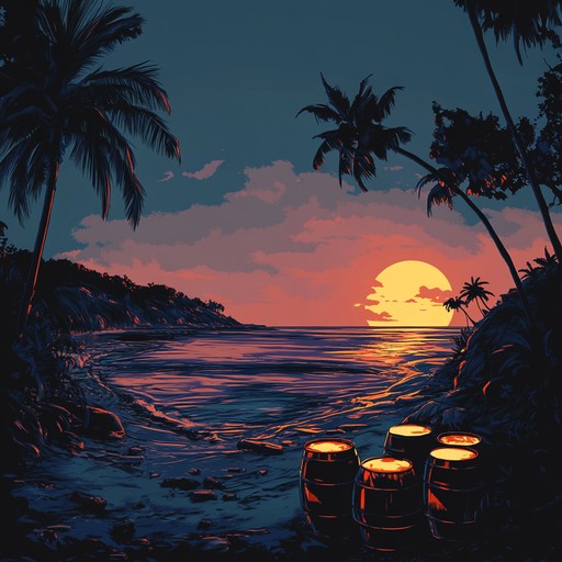 Feel the sunset's fiery glow through vibrant steel drum rhythms and passionate beats, capturing the essence of island life and tropical joy.