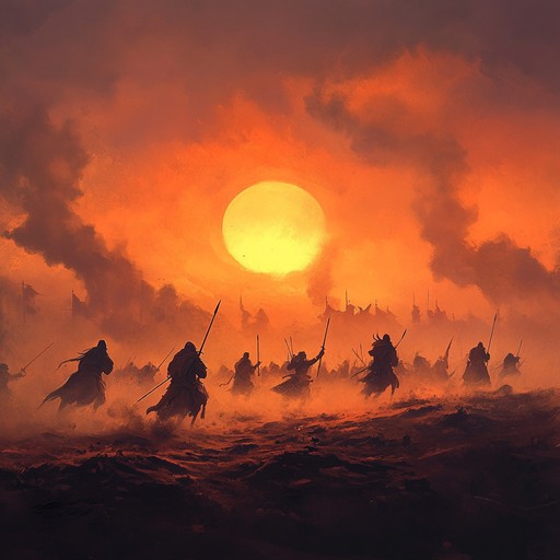 A heart pounding orchestral composition that captures the intensity and urgency of a fierce battle unfolding at the break of dawn. The piece builds with rapid strings, powerful brass, and dynamic percussion, evoking images of warriors charging across a shadowed battlefield as the first light touches the horizon.