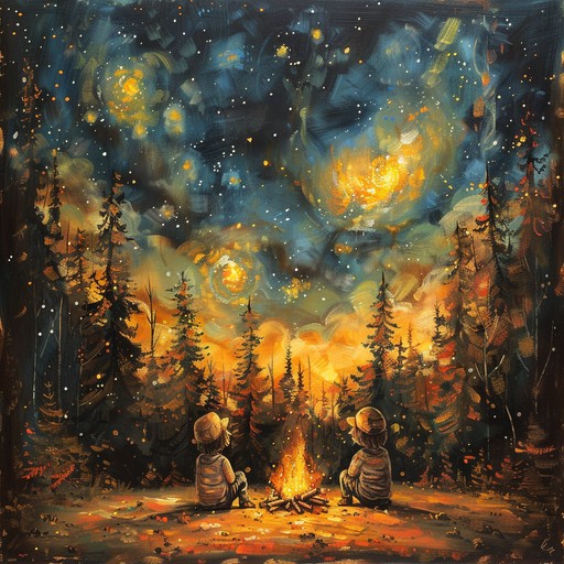 A gentle acoustic guitar melody plays, conjuring images of friends gathered around a warm, inviting campfire under a starry night sky. The soft strumming creates a cozy, intimate atmosphere as the fire crackles and pops in the background, encouraging the sharing of stories and memories.